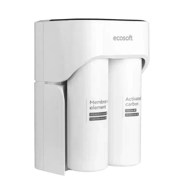 Sistem de filtrare prin osmoză inversă direct flow Ecosoft CROSS MAX MO2800PECO, debit ridicat 2 L/min, design ultracompact fără rezervor, indicator de înlocuire, oprire automată