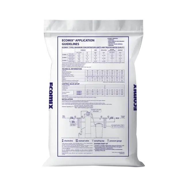 Rasina schimbatoare de ioni, ECOMIX A, sac 25 litri, eliminare duritate, fier, mangan, amoniu si materii organice moderate, capacitate schimb ioni de 35g CaCO3/litru